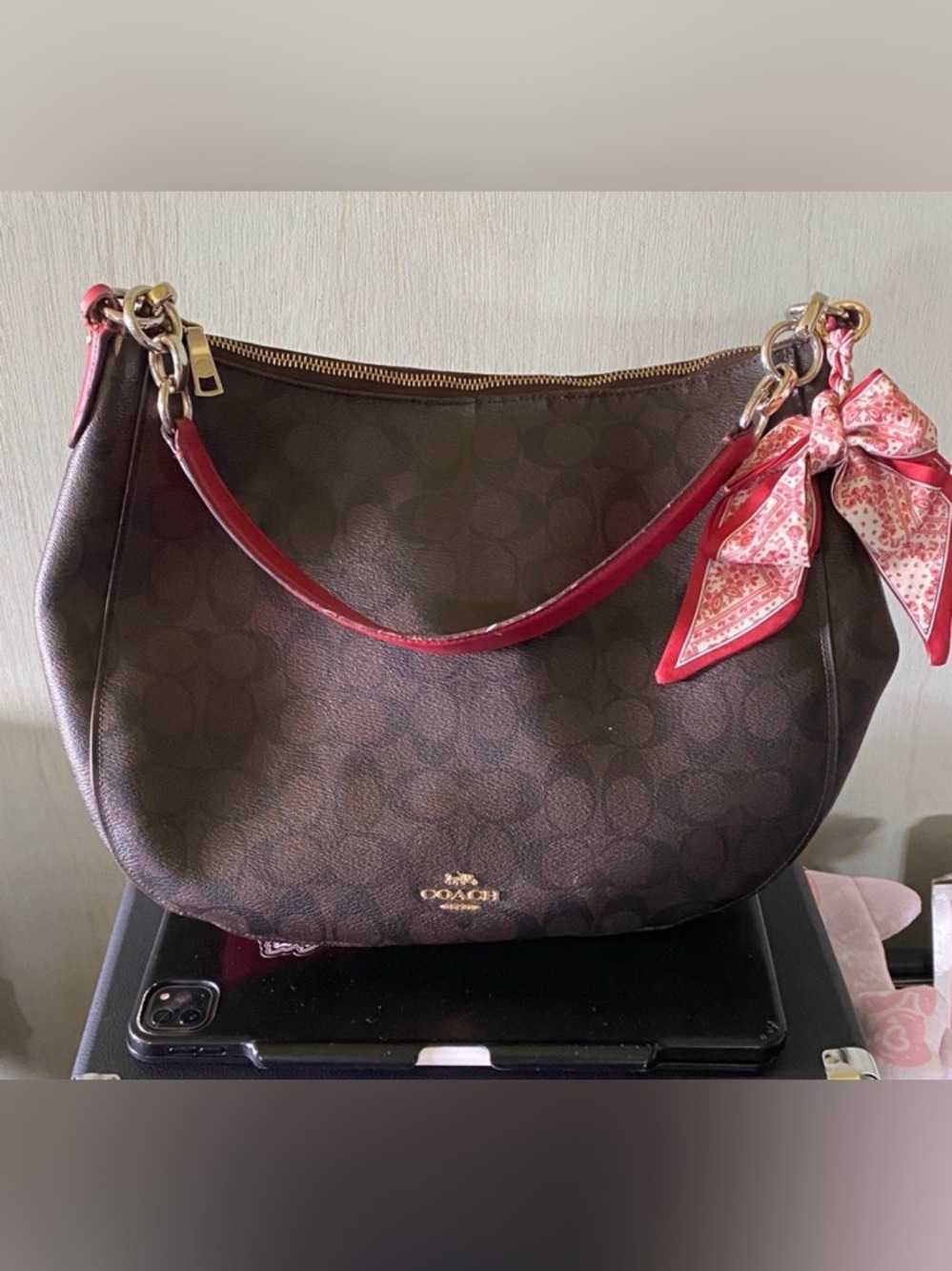 Coach Brown Signature Shoulder Bag with Red Trim and Scarf